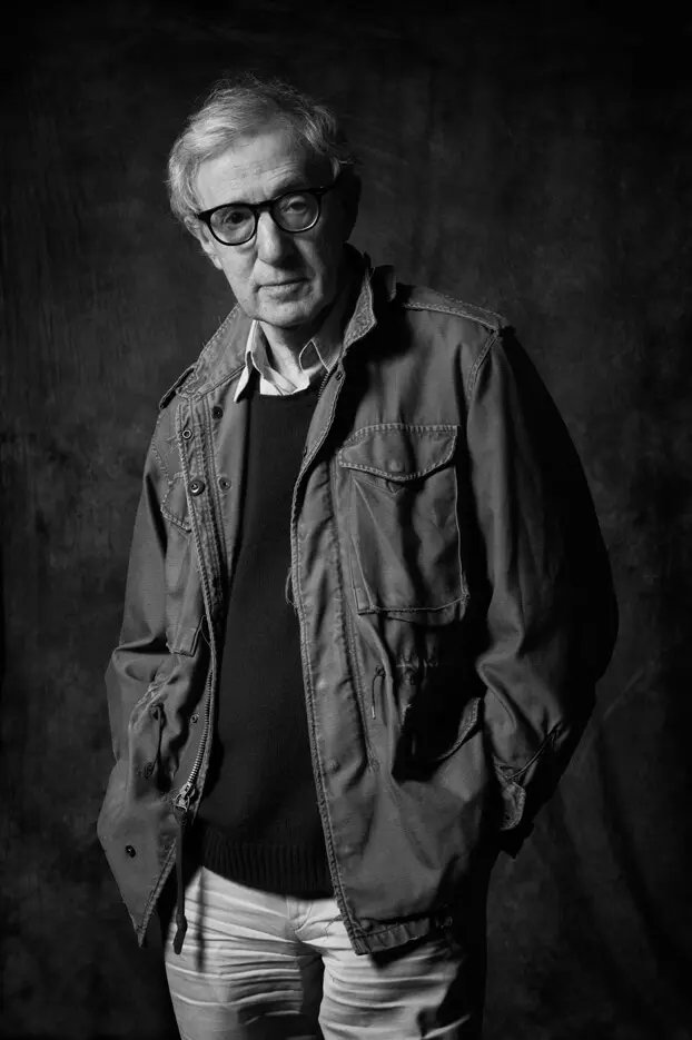 Black and white portrait of Woody Allen.