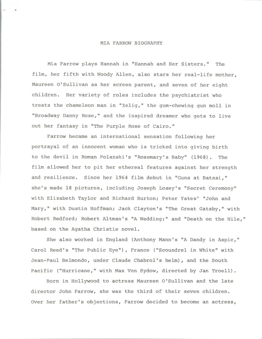 Mia Farrow biography text on a page.