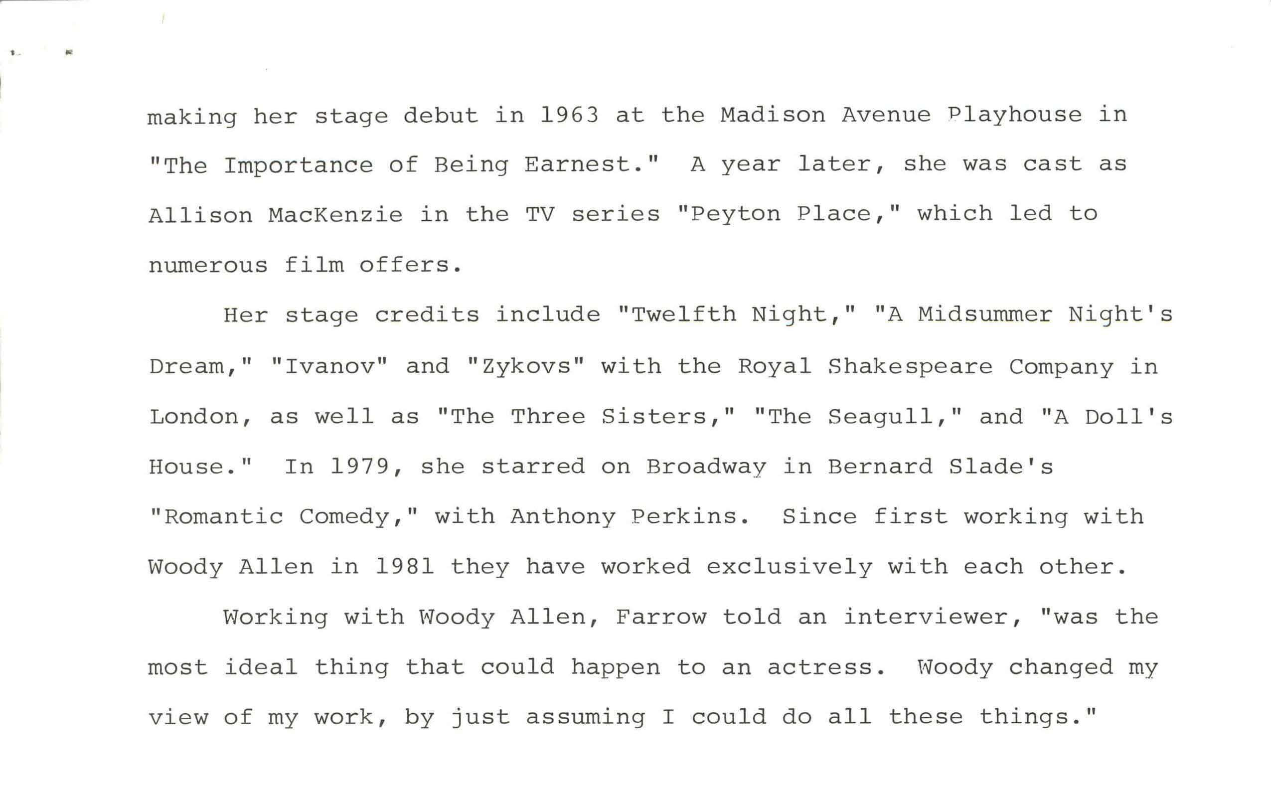 Typed text about stage and TV acting roles.