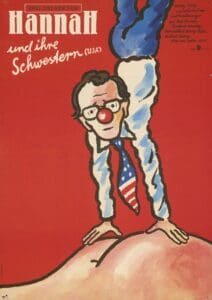 Illustrated character with a clown nose, red background.