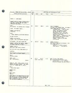 Script page with dialogue and scene details.