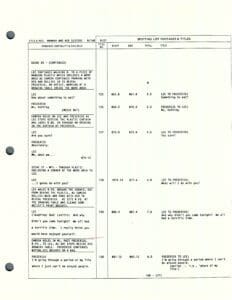 Script page with dialogue and scene details.