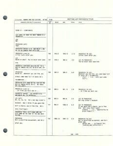 Script page with dialogue and timings.