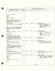 Script page with dialogue and timestamps.