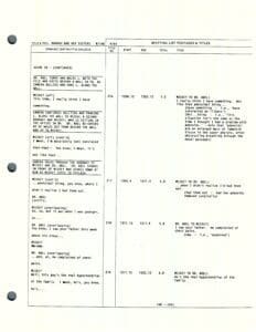 Script page with dialogue and timestamps.