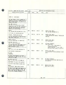 Script page with dialogue and timing details.