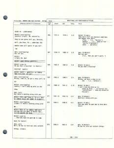 Script page with dialogue and timestamps.