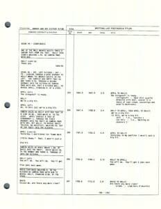 Script page with dialogues and scene details.