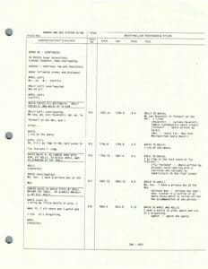 Script page with dialogue and timestamps.