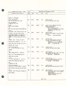 Script page with dialogue and scene details.