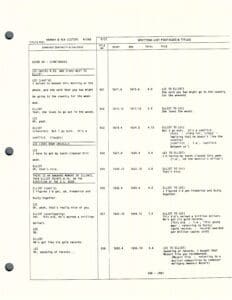Script page with dialogue and scene details.