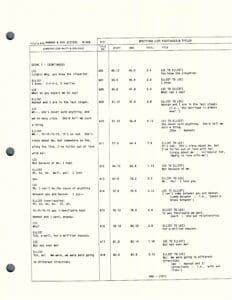 Script page with dialogue and timestamps.