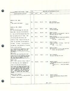 Script page with dialogue and timestamps.