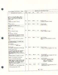 Script page with dialogue and timestamps.