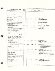 Script page with dialogue and scene details.