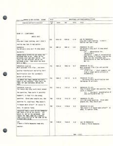 Script page with dialogue and timestamps.
