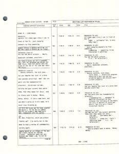 Typed script page with dialogue and timestamps.