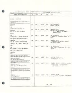 Script page with dialogue and timestamps.