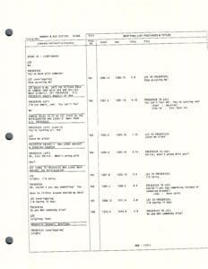 Script page with dialogue and timestamps.