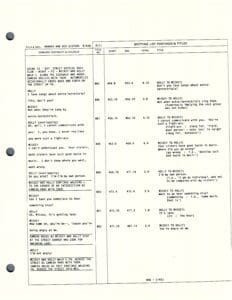 Script page with dialogue and timestamps.