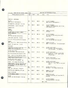 Script page with dialogue and timestamps.