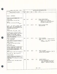 Script page with dialogue and scene details.