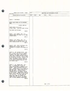 Script page with dialogue and scene details.