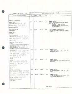 Script page with dialogue and timestamps.