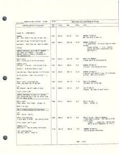 Film script page with dialogue and notes.
