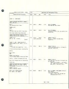 Script page with dialogue and timings.