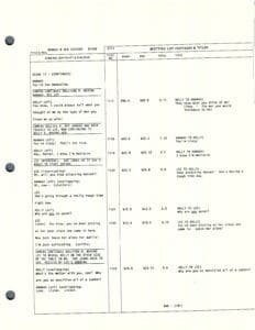 Script page with dialogue and scene details.