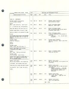Film script page with dialogue and timings.