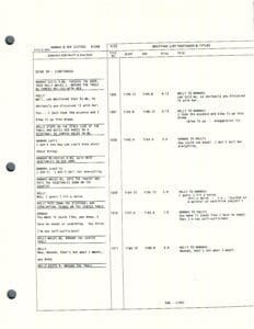 Script page with dialogue and timestamps.