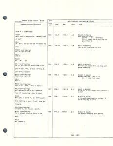 Script page with dialogue and timestamps.